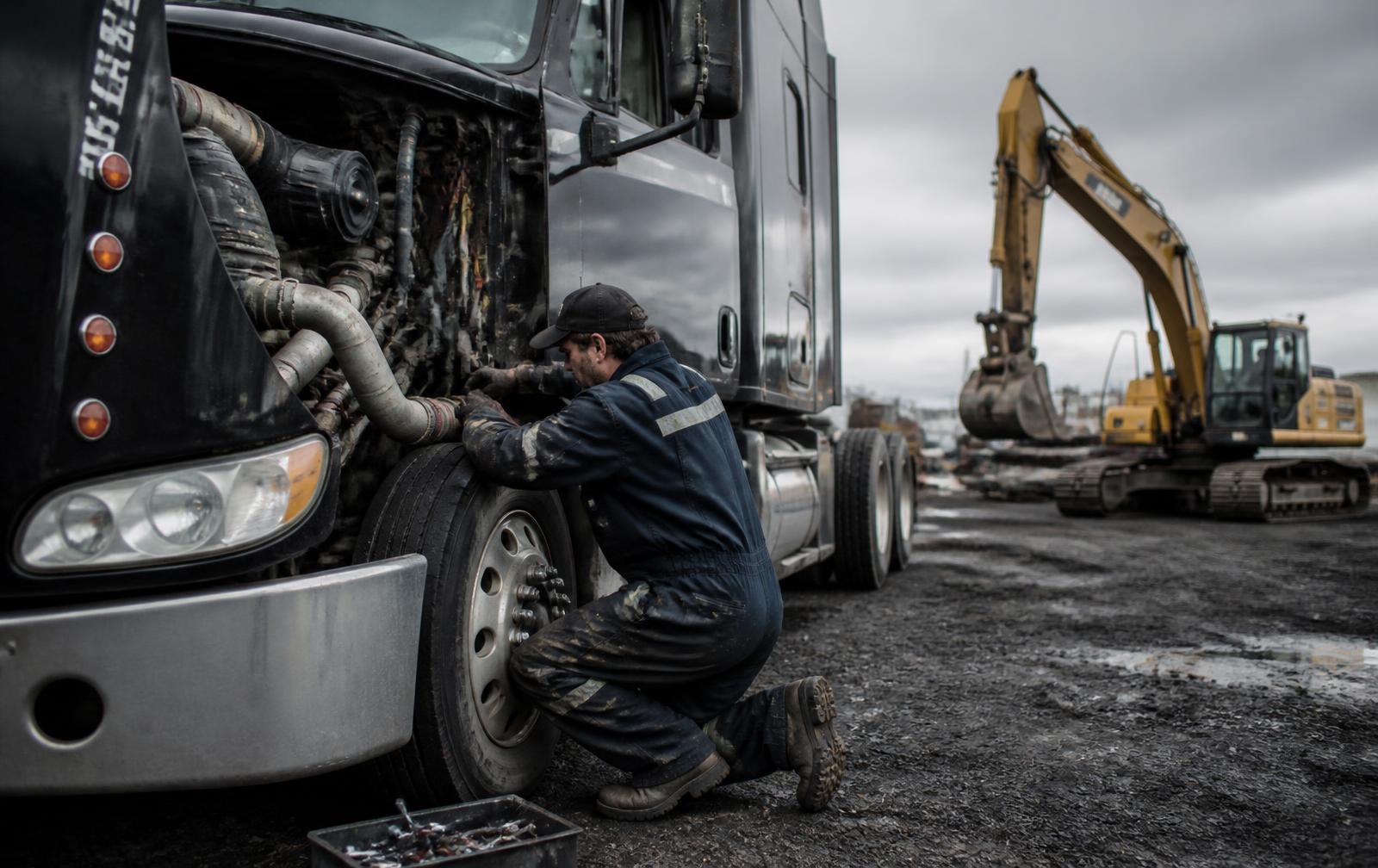 Mechanic working on a truck engine at an industrial site near Quesnel, BC