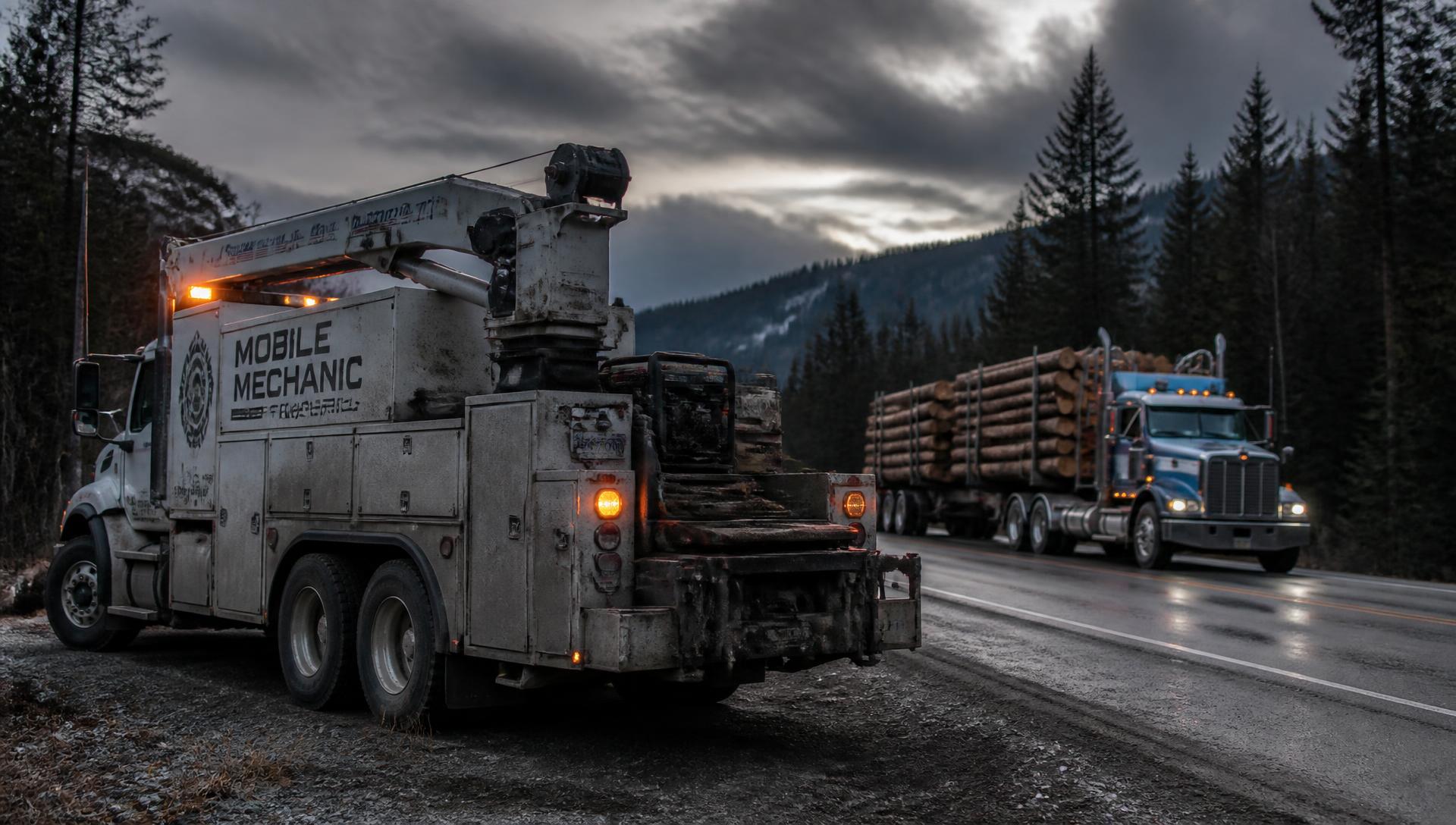 Mobile mechanic service truck parked on a highway near Quesnel, BC with a loaded log truck passing