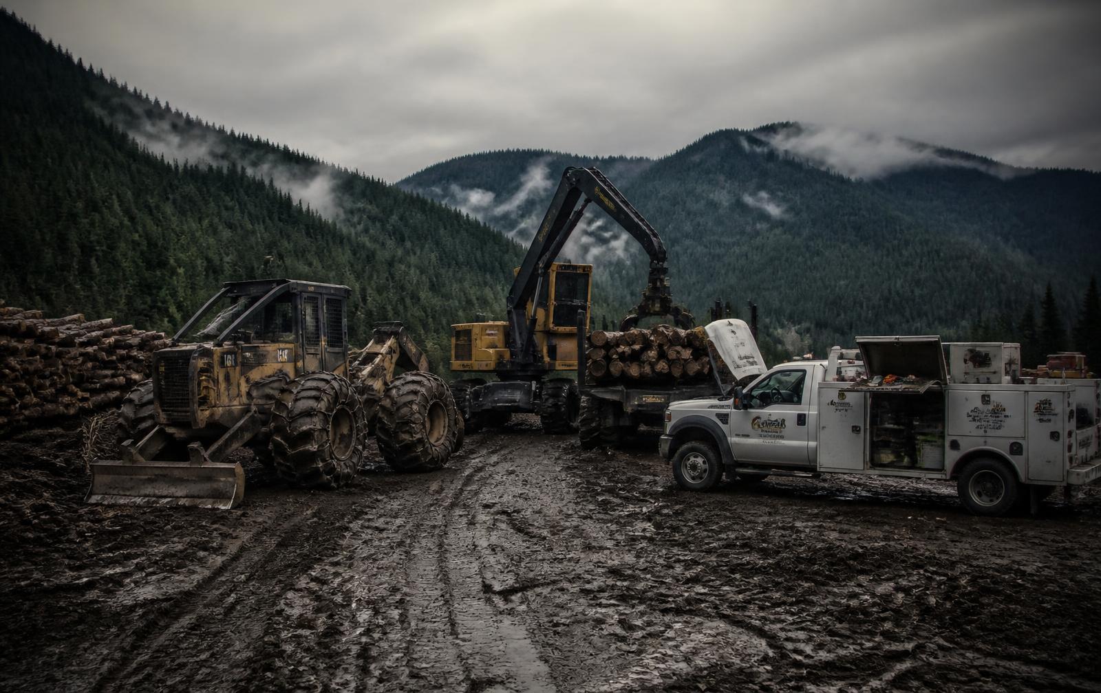 Skidder and log processor on a muddy resource road cut block near Quesnel with a mechanic's service truck alongside